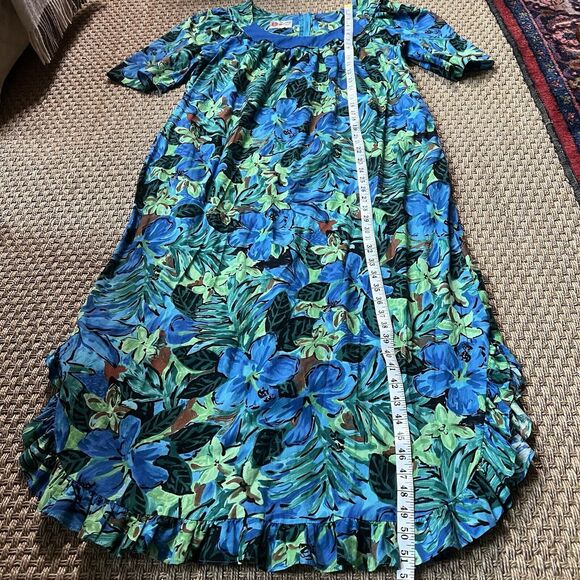 VTG Hilo Hattie Dress Large Maxi Muumuu  Ruffle Hem  Blue Floral Hawaiian Aloha - Picture 6 of 6